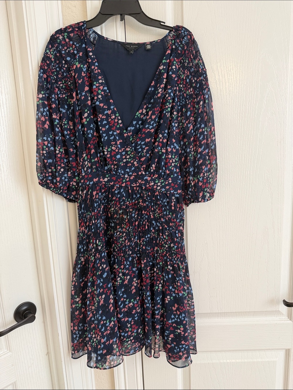 Ted Baker London Navy Floral Midi Dress with Pink & Green Accents